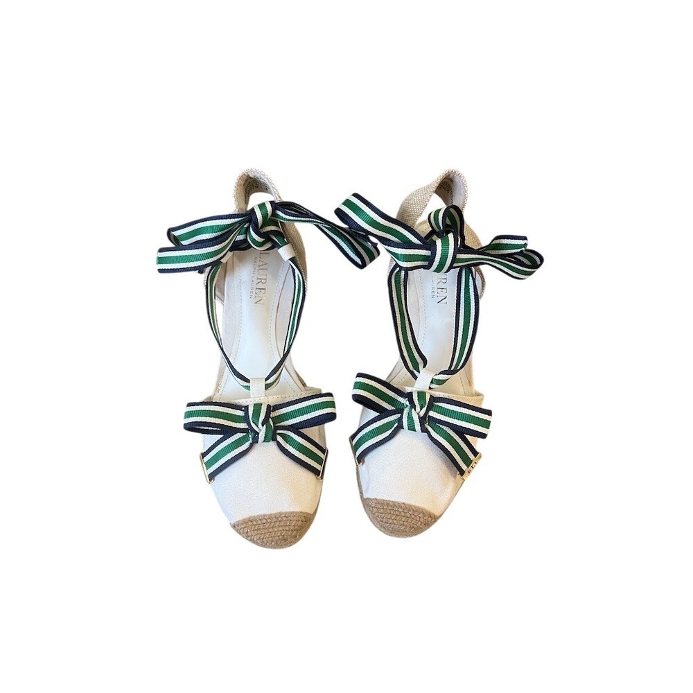 Lauren Ralph Lauren Hollie Wedge Espadrille Sandals Womens 7 Ivory Striped